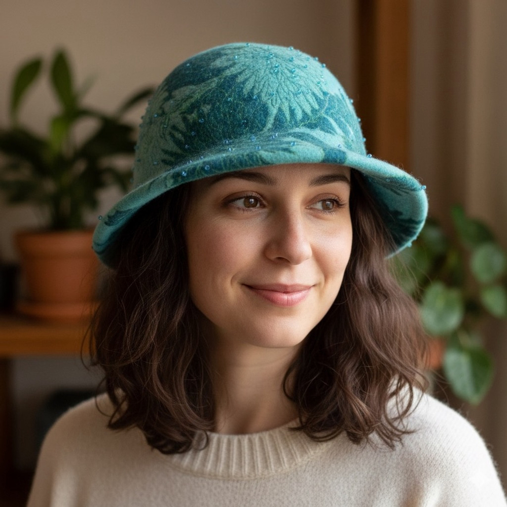 Artisan Fusion Felting Turquoise Wool and Bead Embellished Floral Hat Size S